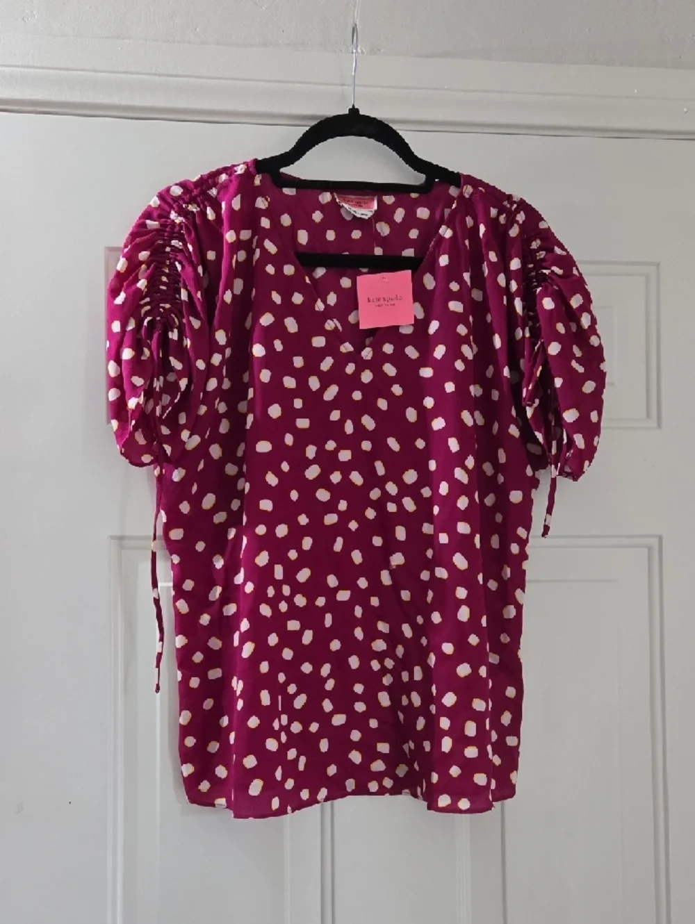 Kate Spade Mallow Dot Ruched Sleeve V-Neck Top - Berry Dot